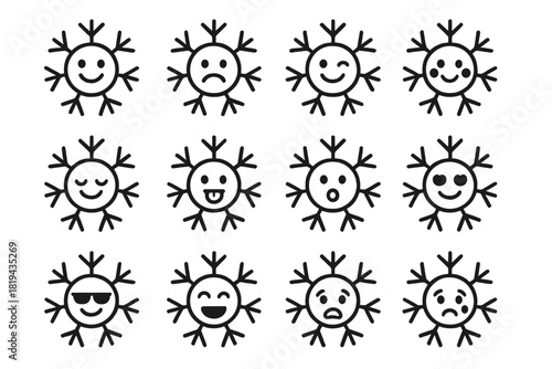Expressive Snowflake Icons. Expressive snowflakes. Line outline icon set of expressive snowflakes: happy