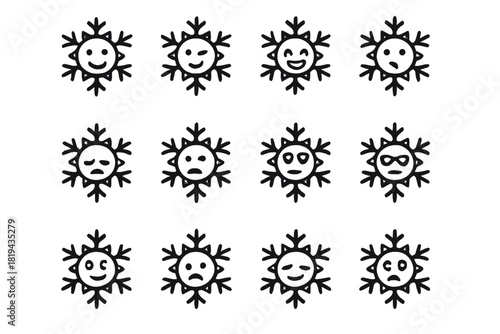Expressive Snowflake Icons. Snowflake emoji faces. Line outline icon set of snowflake emoji faces: smiling