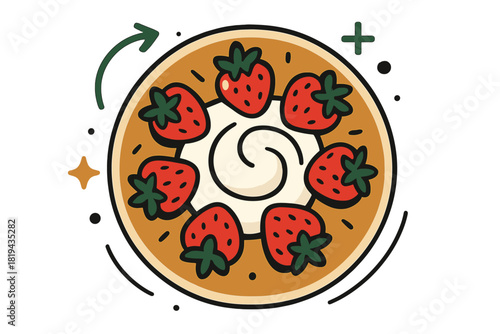 Stylized Pancake Delight. Pancakes with cream and strawberries overhead. Top-down view with radial composition