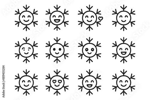 Cheerful Snowflake Icons. Happy snowflakes. Line outline icon set of happy snowflakes: smiling snowflake,