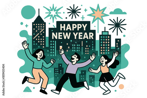 New Year Skyline Celebration. Downtown celebration night. Skyscrapers lit with patterns of light, fireworks