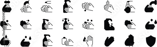 Hand Washing Hygiene Icon Set: Sanitization, Protection, Safety, Health, Antibacterial Soap, Water, Care, Cleanliness, Disinfection, Liquid Soap, Prevention, Healthcare, Vector, Sign, Symbol,
