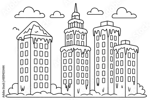 Icy Skyscrapers Coloring. Icy skyscrapers view children’s coloring book illustration, outlined drawing, tall