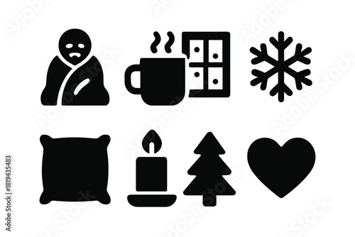 Winter Chill Icons. Winter Chill. Filled icon set of Winter Chill: person with blanket, steaming mug, window,