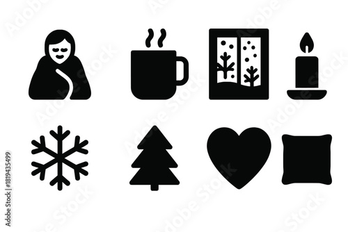 Snowfall Serenity Icons. Snowfall Serenity. Filled icon set of Snowfall Serenity: person with blanket, mug,