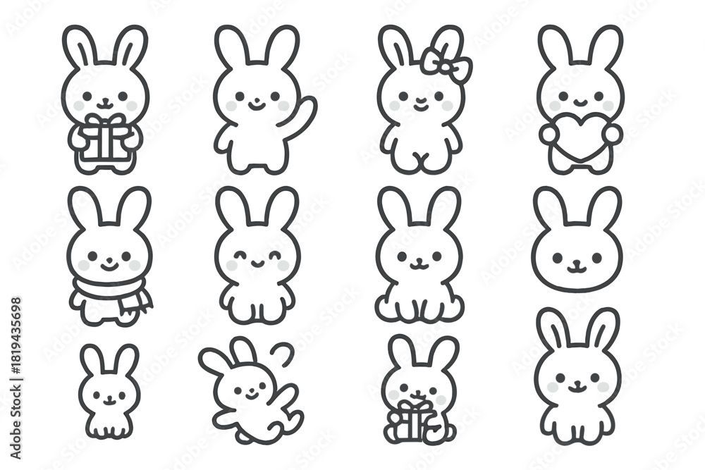Naklejka premium Kawaii Bunny Icon Set. Kawaii bunnies. Line outline icon set of kawaii bunnies: bunny holding gift, bunny