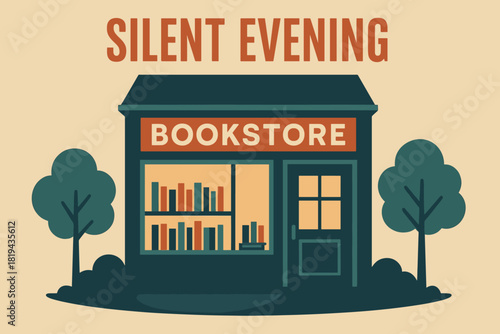 Evening Bookstore Glow. Silent Evening — Retro Poster (alt): condensed sans-serif; centered bookstore
