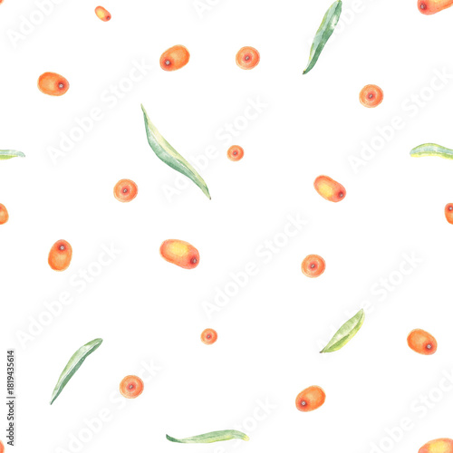 Sea buckthorn seamless pattern hand drawn watercolor. Botanical illustration food print, cluster with bright orange berries and juicy leaves. Drawing for packaging, textile, wallpaper, packing paper
