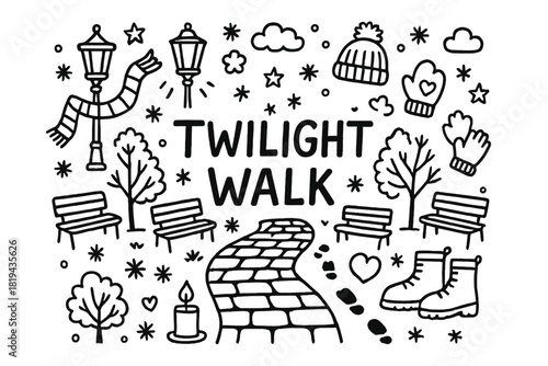 Twilight Walk Doodle. Twilight Walk. Hand-drawn doodle illustration of Twilight Walk. Street lanterns,