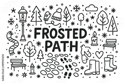 Frosted Path Doodle. Frosted Path. Hand-drawn doodle illustration of Frosted Path. Lanterns, falling snow,