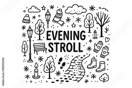 Evening Stroll Doodle. Evening Stroll. Hand-drawn doodle illustration of Evening Stroll. Street lanterns,