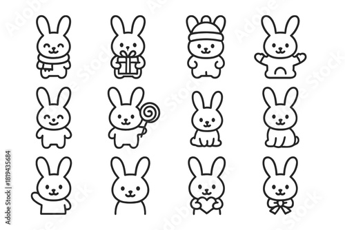 Winter Bunny Icons. Winter bunnies. Line outline icon set of winter bunnies: bunny with scarf, bunny holding