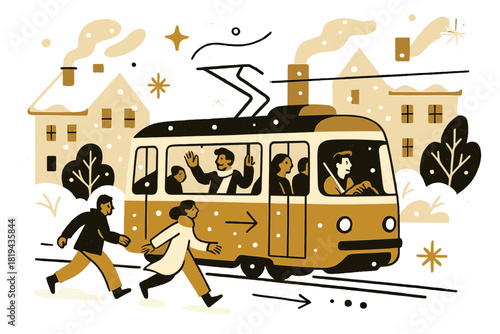 Snowy Tram Journey. Snowy tram ride. Tram moving along tracks past snow-covered buildings, steam from chimneys