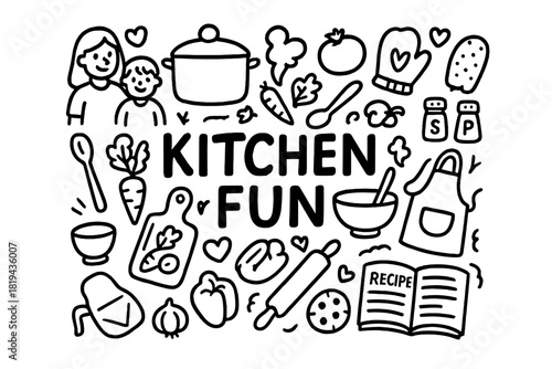Kitchen Fun Doodle. Kitchen Fun. Hand-drawn doodle illustration of Kitchen Fun. Family, pot, pan, vegetables,