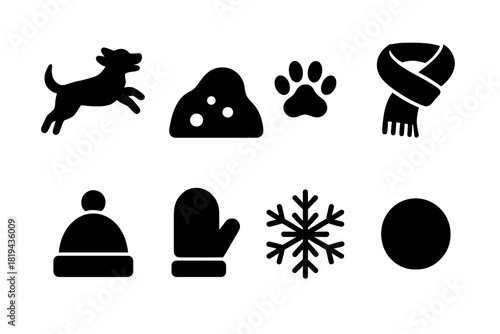 Winter Dog Icon Set. Winter Dog Fun. Filled icon set of Winter Dog Fun: dog jumping, snow mound, paw prints,