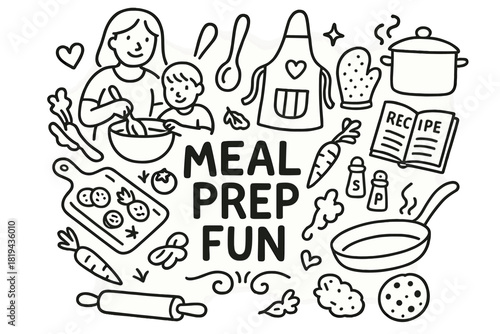 Meal Prep Doodles. Meal Prep Fun. Hand-drawn doodle illustration of Meal Prep Fun. Family, mixing bowl, spoon,