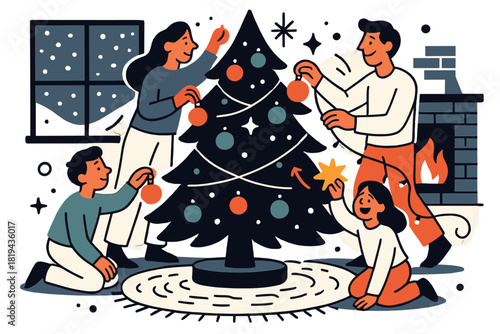 Festive Family Decorating. Family decorating Christmas tree. Figures placing ornaments and lights, cozy rug