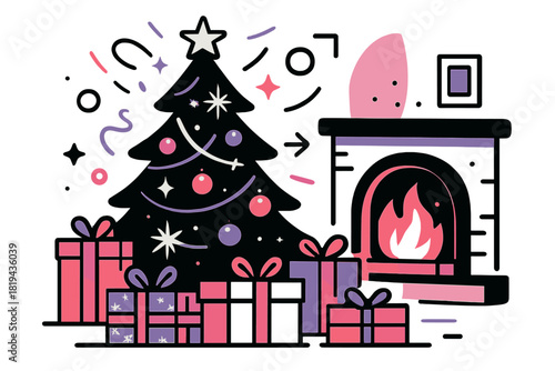 Festive Living Room Scene. Christmas tree in living room with presents. Gifts in colorful wrapping surrounding