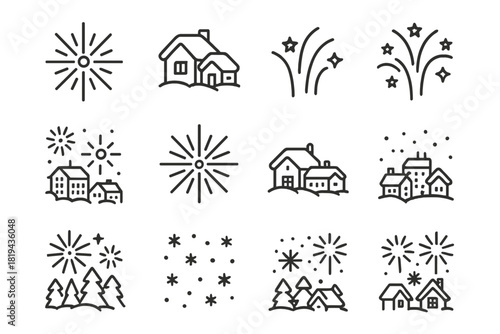 Winter Fireworks Icons. Winter fireworks. Line outline icon set of winter fireworks: fireworks burst,