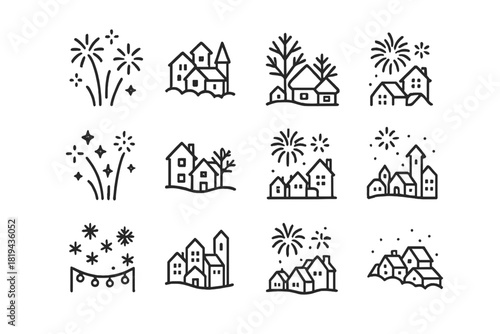 Holiday Sky Icons. Holiday night sky. Line outline icon set of holiday night sky: fireworks bursts,