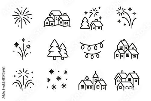Winter Festivity Icons. Winter night celebration. Line outline icon set of winter night celebration: fireworks