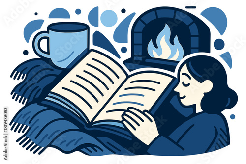 Firelit Reading Nook. Cozy fireplace reading. Close-up of book pages lit by firelight, warm glow reflecting on