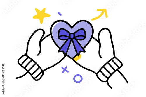Cozy Mittens Heart. Line art of mittens holding heart with ribbon bow. Delicate single line forming mittens,