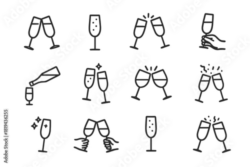 Festive Champagne Icons. Festive champagne. Line outline icon set of festive champagne: two flutes clinking,