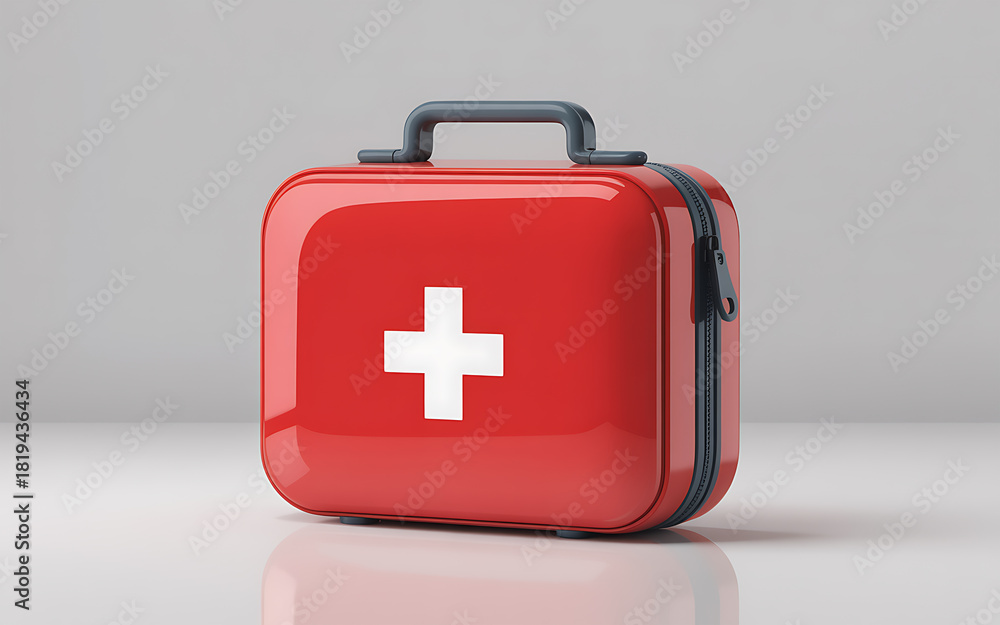 Obraz premium First aid kit red, emergency medical help and healthcare box