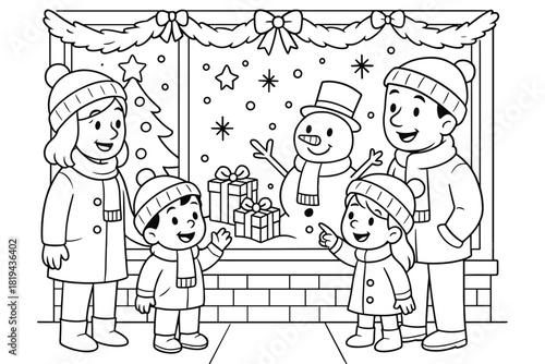 Festive Window Browsing. Festive window browsing children’s coloring book illustration, outlined drawing,