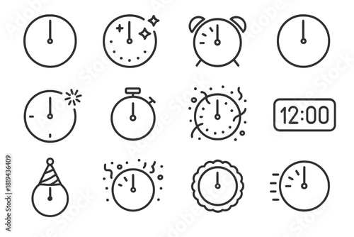 Midnight Clock Icons. Midnight celebration. Line outline icon set of midnight celebration: clock at twelve,
