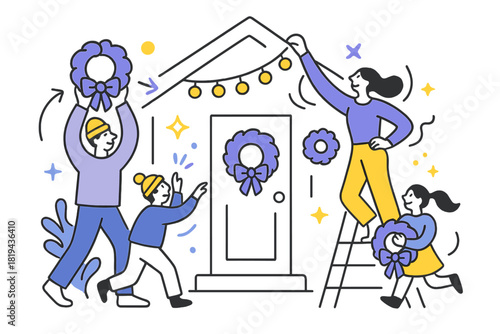 Festive Family Decorating. Family decorating house exterior line art. Continuous monoline forming house facade
