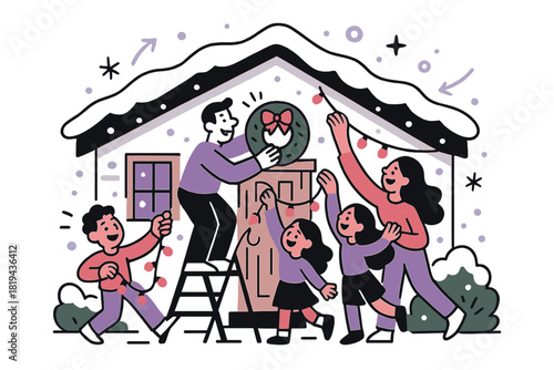Festive Family Decorating. Family hanging wreath and lights. Cozy home facade, cheerful expressions, snow