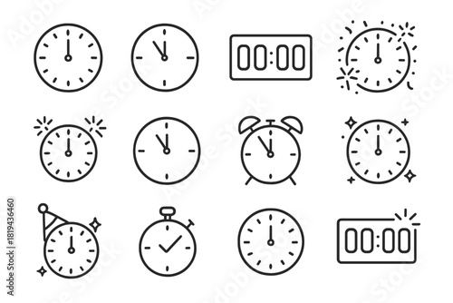 New Year Clocks Collection. New Year timer. Line outline icon set of New Year timer: countdown clock, clock