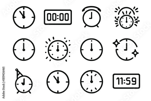Midnight Timer Icons. Midnight timer. Line outline icon set of midnight timer: clock striking midnight,