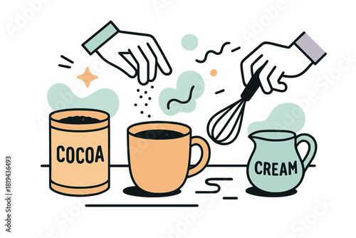 Cocoa Crafting Symphony. Cocoa preparation table. Mug, whisk, chocolate powder, and cream arranged neatly,