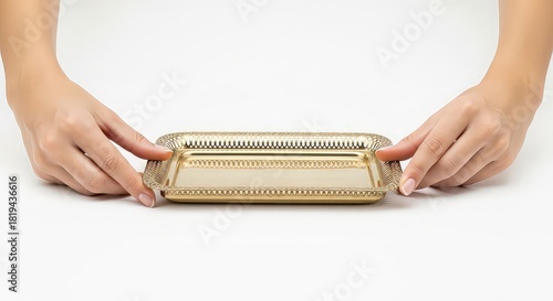Hands holding a decorative gold tray against a white background copy space