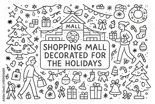 Festive Shopping Mall Doodle. Shopping mall decorated for the holidays. Hand-drawn doodle illustration of