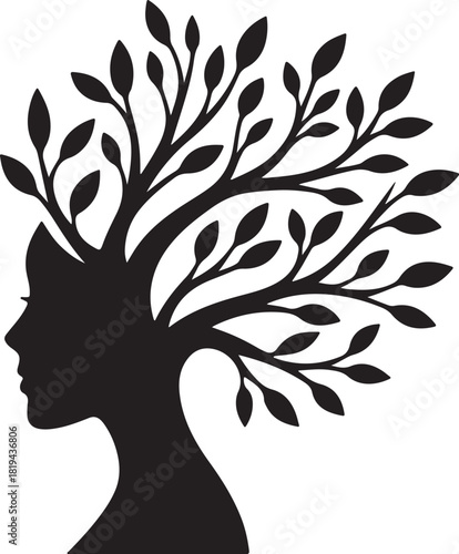 a woman with hair transforming into leaves and branches female silhouette vector