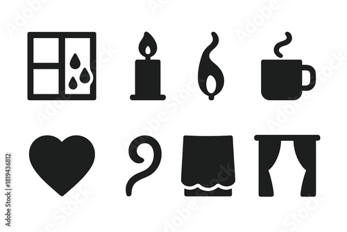 Cozy Candle Icons. Window Condensation and Candlelight. Filled icon set of Window Condensation and Candlelight