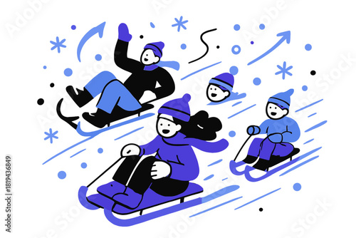 Joyful Sledding Adventure. Sledding down a hill with snowflakes. Motion-filled composition with sleds sliding