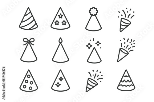 Festive Hat Icons. Festive hats. Line outline icon set of festive hats: party hat with stripes, party hat with
