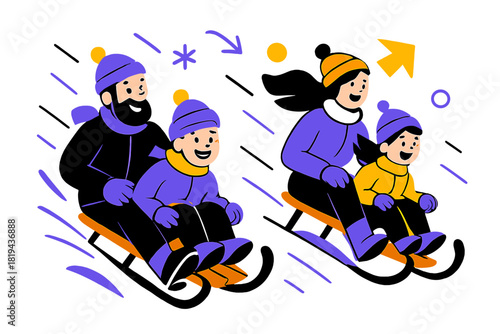 Family Sledding Adventure. Sledding down hill with family. Parents and kids racing down, sleds tilted at