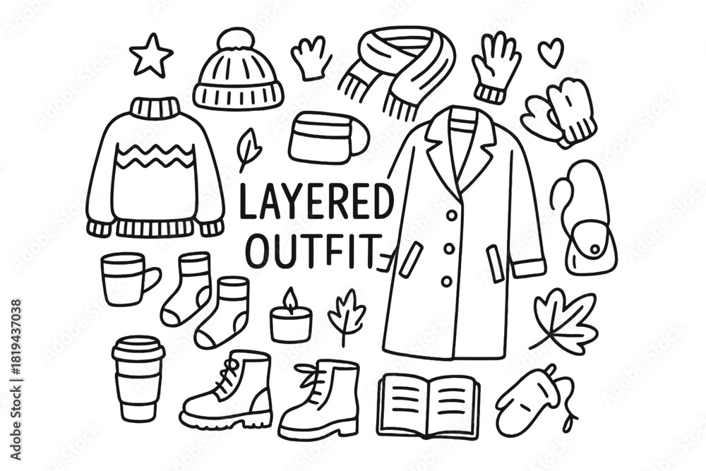 Fototapeta premium Layered Outfit Doodle. Layered Outfit. Hand-drawn doodle illustration of Layered Outfit. Coat, scarf, boots,