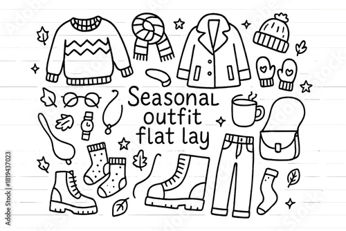 Seasonal Outfit Illustration. Seasonal outfit flat lay. Hand-drawn doodle illustration of Seasonal outfit flat