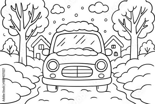 Snowy Street Car Coloring. Snowy street car children’s coloring book illustration, outlined drawing, car