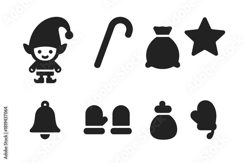 Elf Icon Set. Tiny Elf with Oversized Hat. Filled icon set of Tiny Elf with Oversized Hat: small elf,