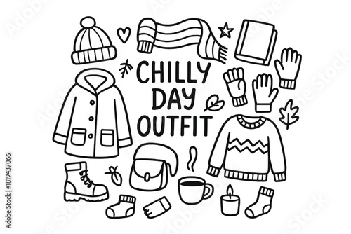 Chilly Day Outfit. Chilly Day Outfit. Hand-drawn doodle illustration of Chilly Day Outfit. Coat, scarf, boots,