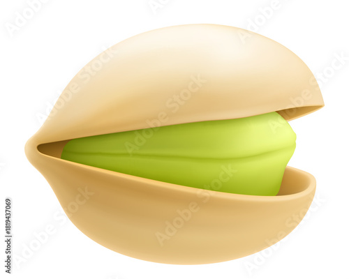 Realistic pistachio in 3d style. Roasted pistachios in shell isolated on white background. Natural organic food. Design element for nuts packaging, advertising, etc. Vector illustration.