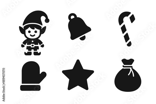 Festive Elf Icons. Festive Elf. Filled icon set of Festive Elf: tiny elf, big hat, pointy shoes, bell, candy